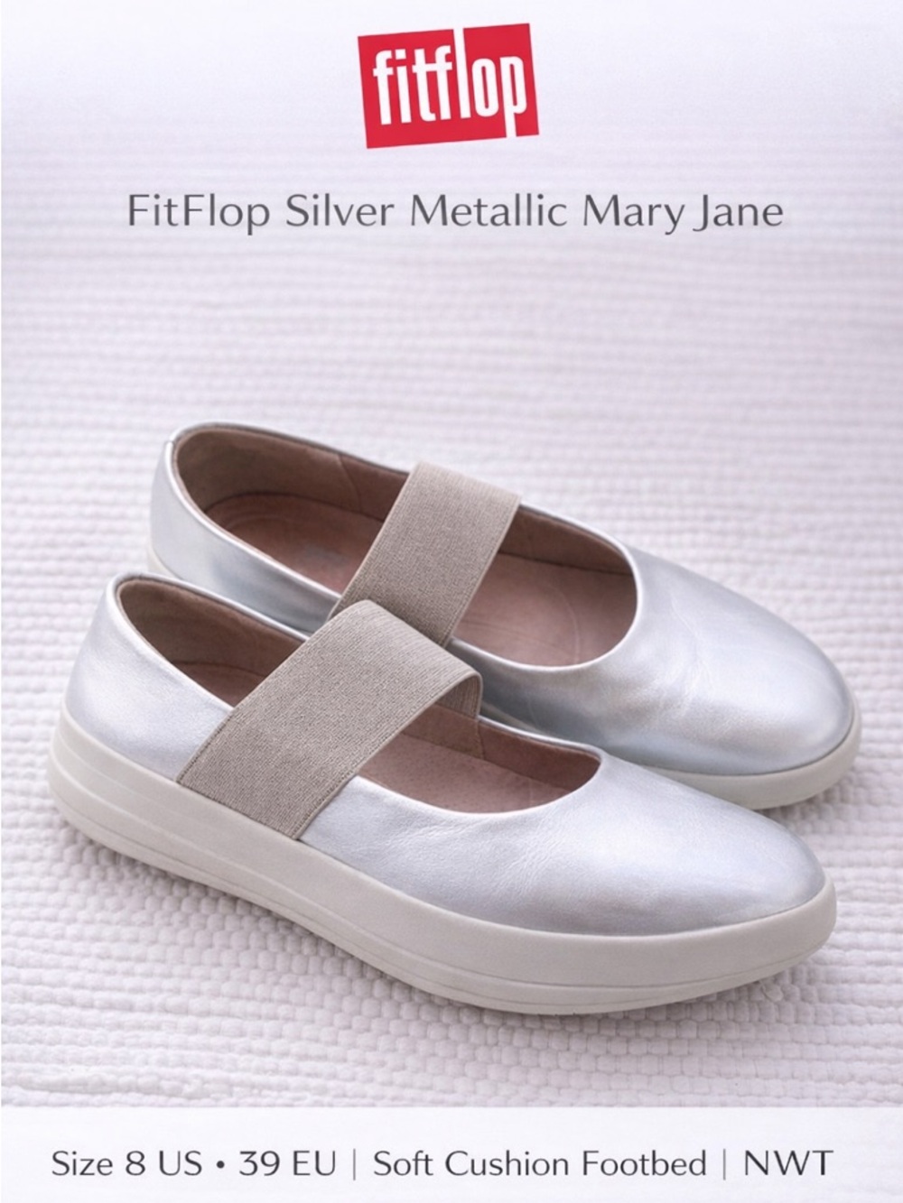 FitFlop Silver Metallic Mary Jane Flats Comfort Shoes Size 8 EU 39